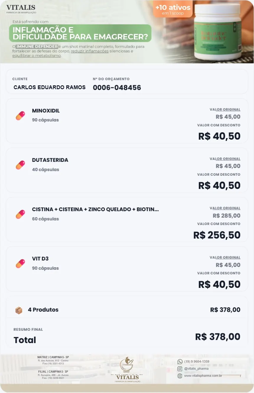 Peça de orçamento personalizada da farmácia gerada pela Kentro para envio no WhatsApp