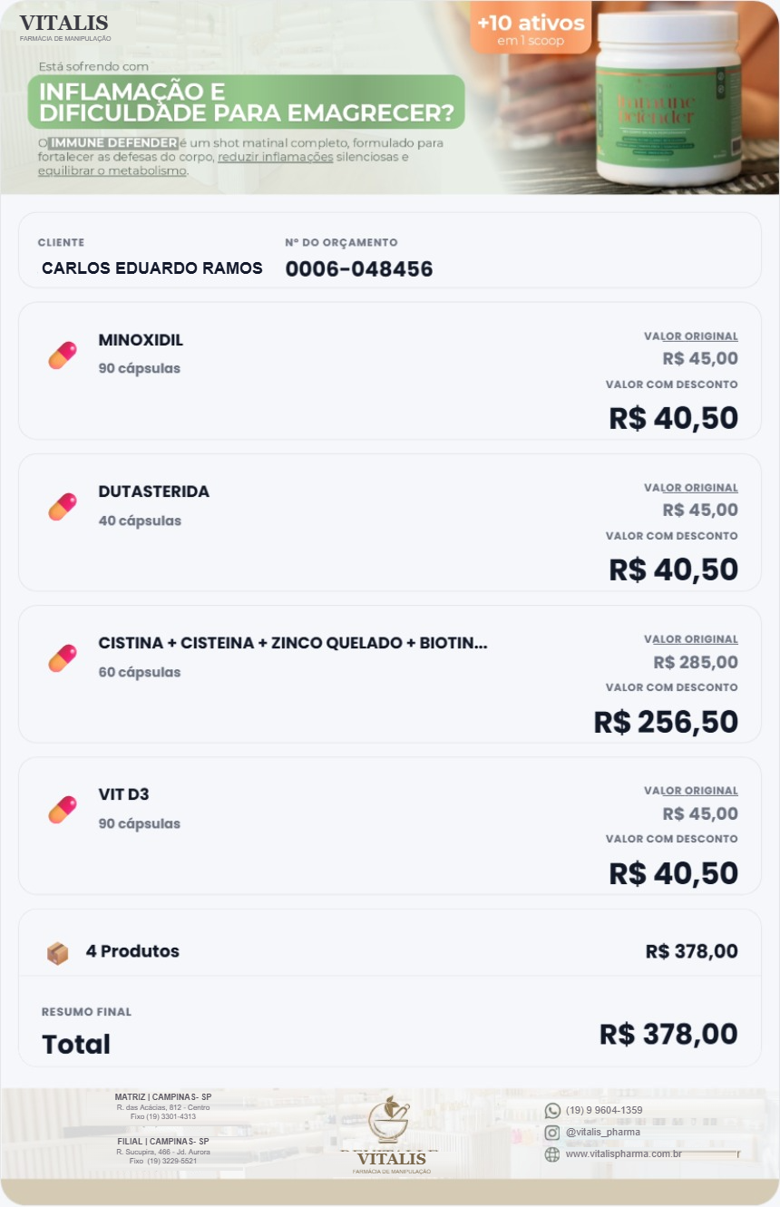 Peça de orçamento personalizada da farmácia gerada pela Kentro para envio no WhatsApp
