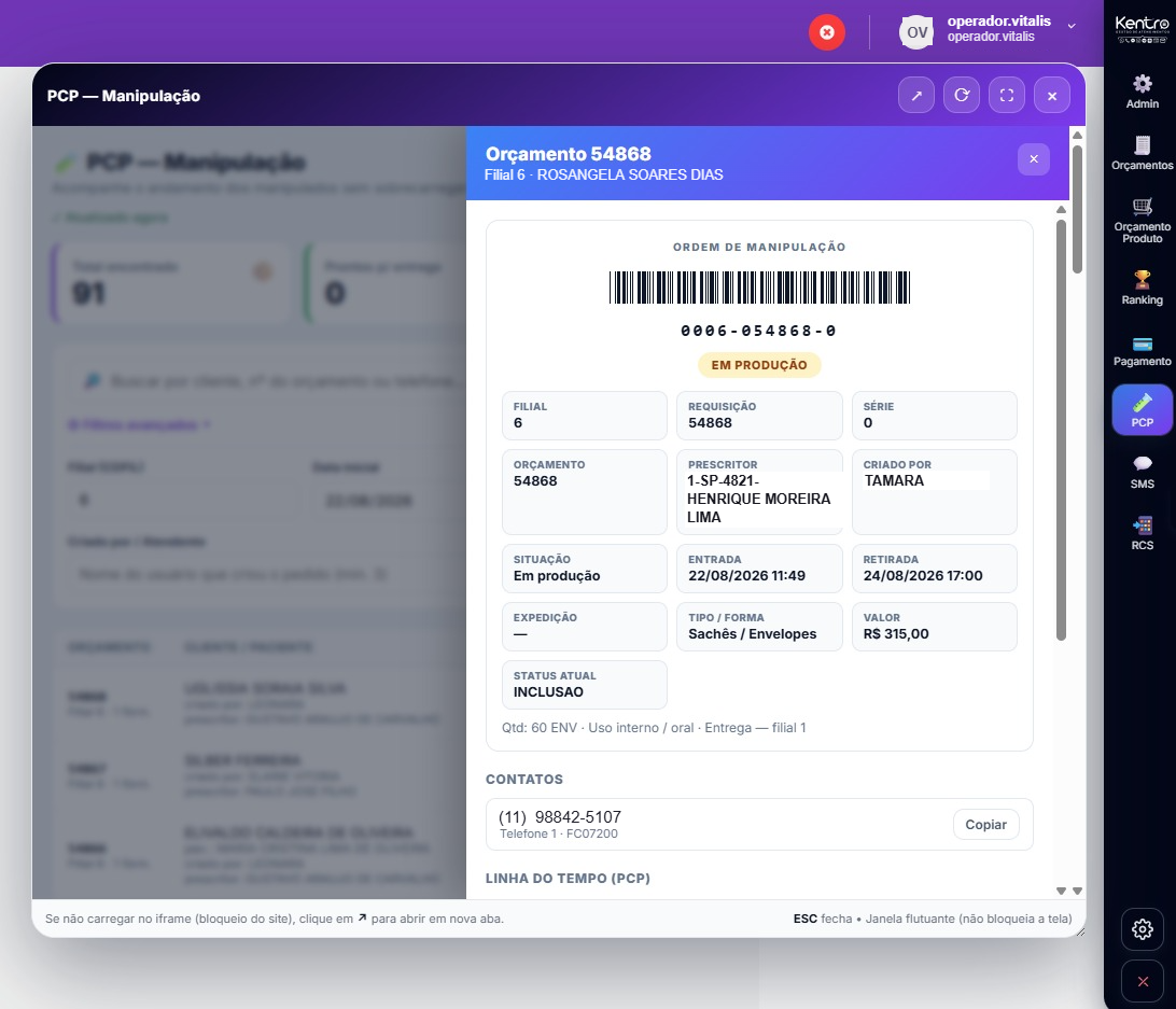 Detalhe de um pedido manipulado com etapas do PCP na Kentro