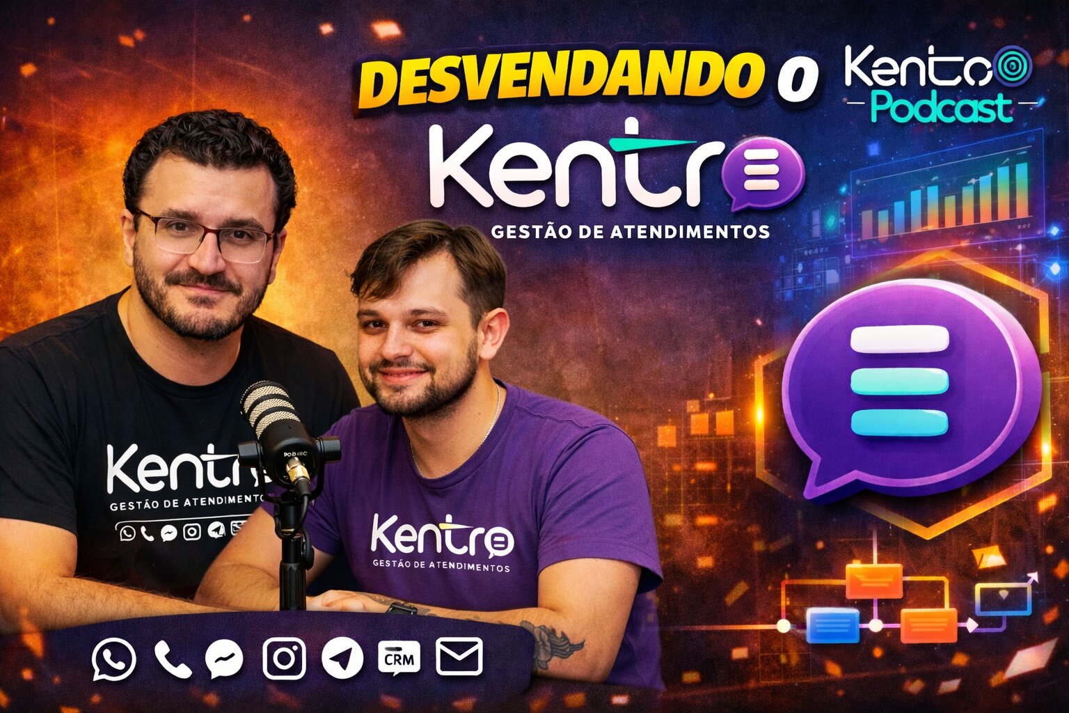 Cena do Kentro Podcast com apresentadores ao microfone