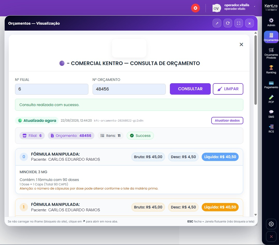 Consulta do orçamento do Fórmula Certa dentro da Kentro
